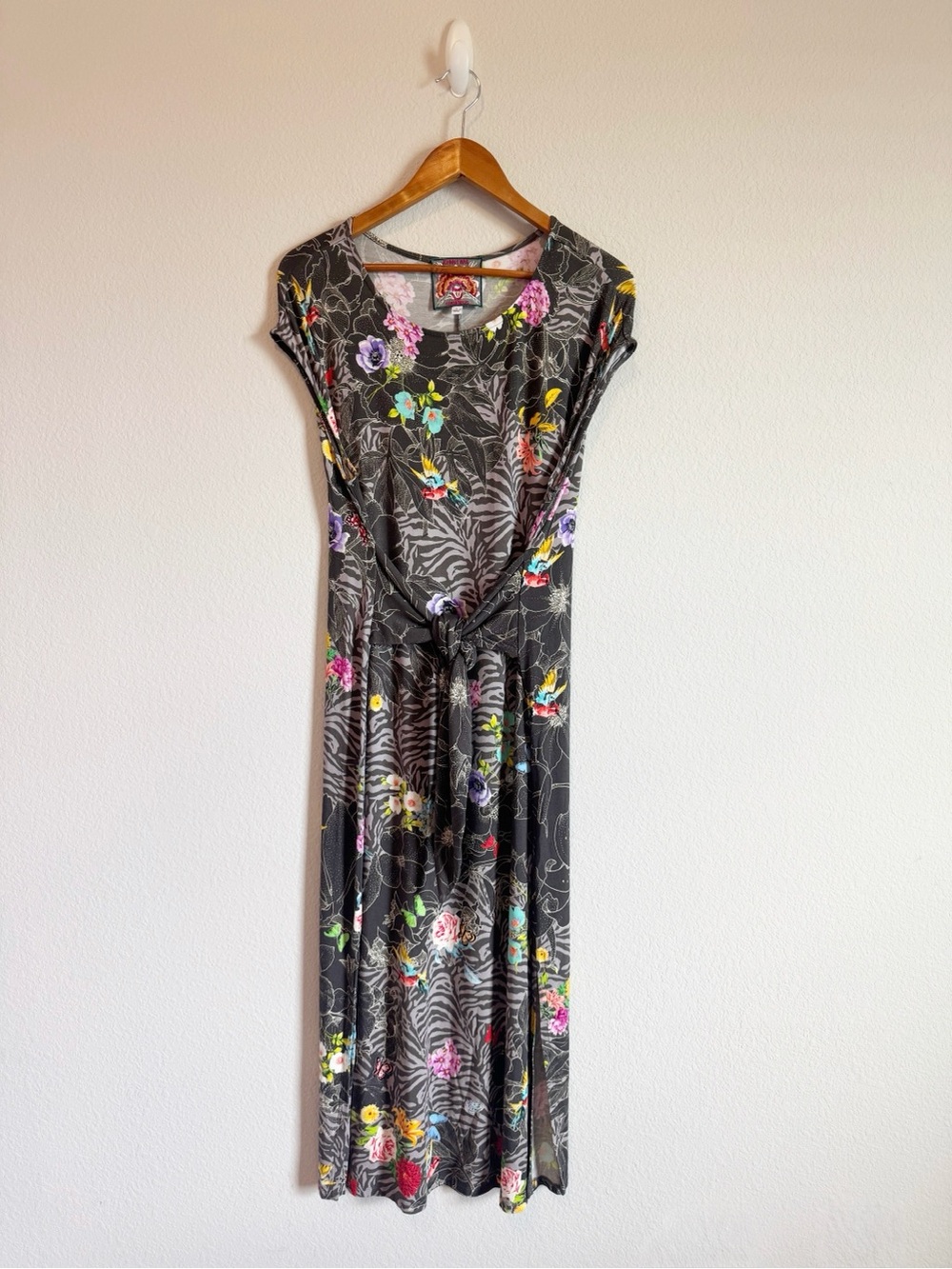 Johnny Was Zippy Floral Butterfly Bird Mix Print Tie Front Dress Size Large